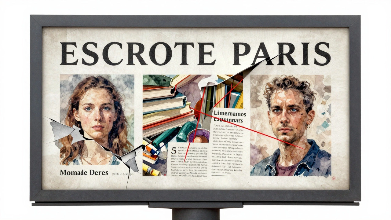 A crumbling digital billboard in Montmartre revealing real human connections beneath scams.