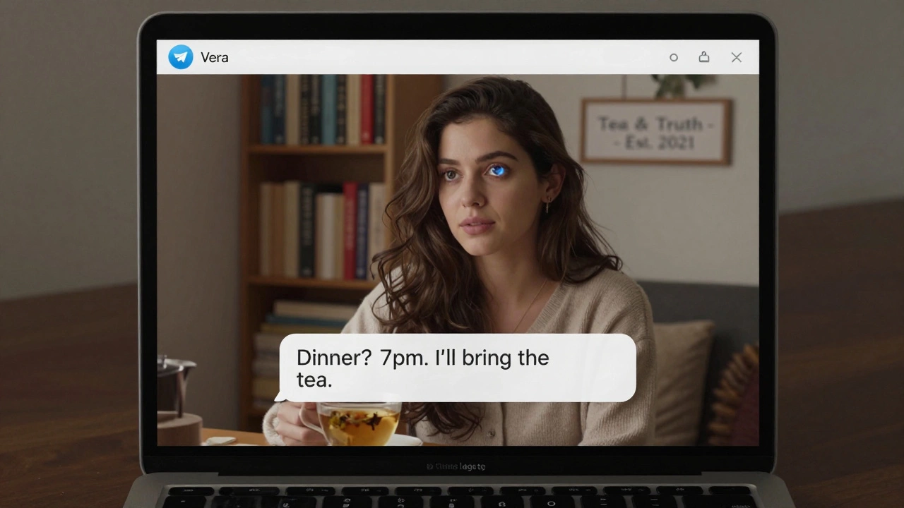 A woman viewing a private Telegram chat on her laptop, surrounded by books and a cup of tea.