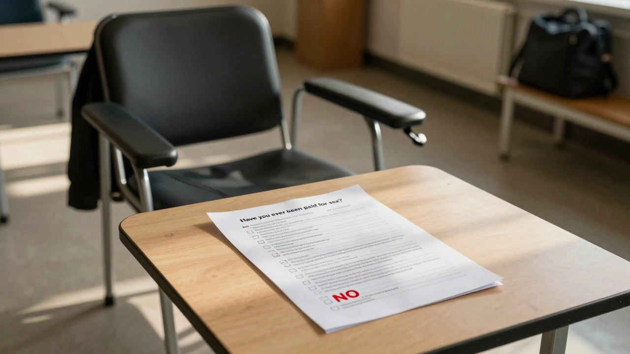 Empty donation chair with a form marked &#039;NO&#039; to paid sex, coat and bag left behind.