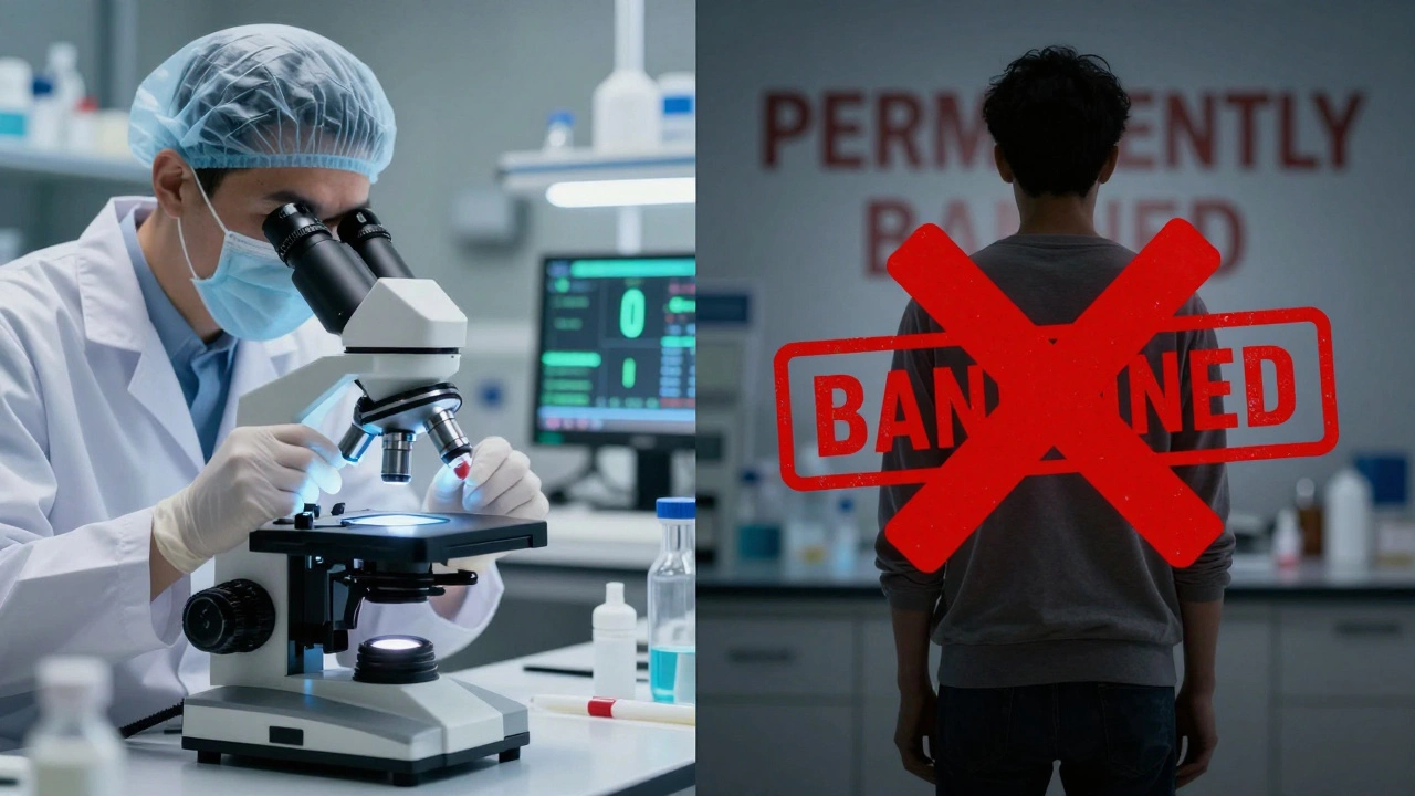 Split image: lab testing blood with clean results versus a red &#039;banned&#039; stamp over a person.